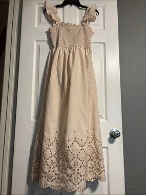 Blu Pepper Cream Ruffle Strap Eyelet Maxi Dress